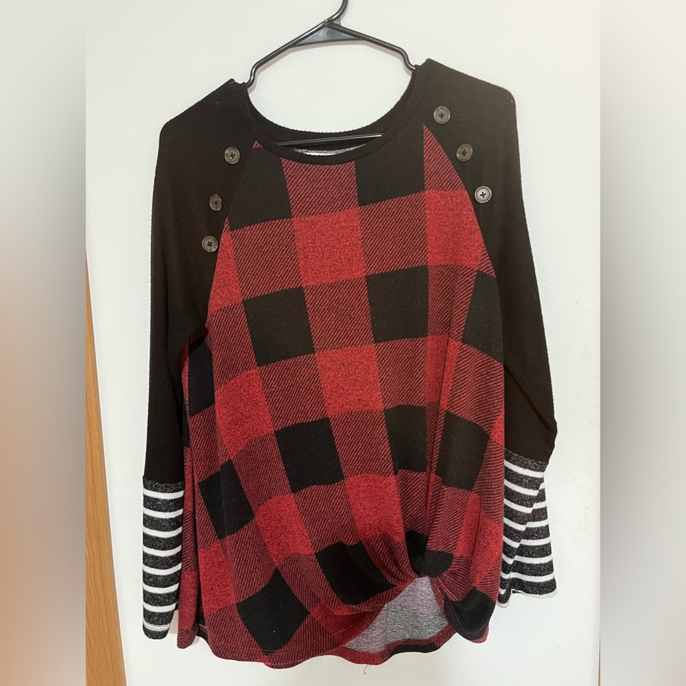 Maurices Red and Black Checkered Long Sleeve Top